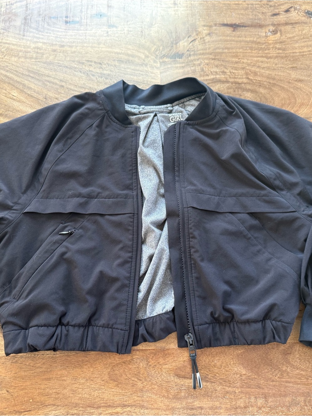 Athleta Black Bomber Jacket with Grey Lining